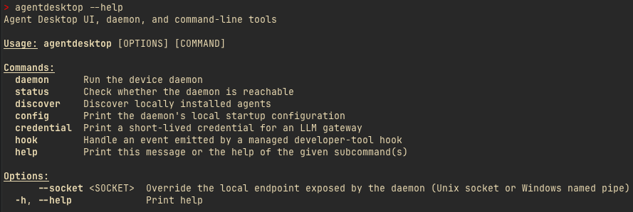 agentdesktop command-line help output