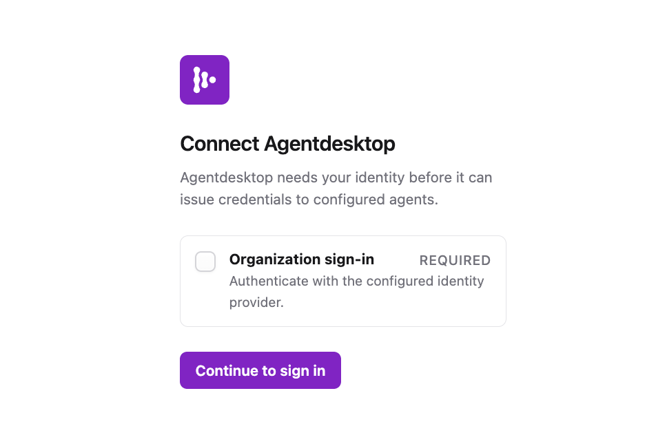 Connect Agentdesktop organization sign-in prompt