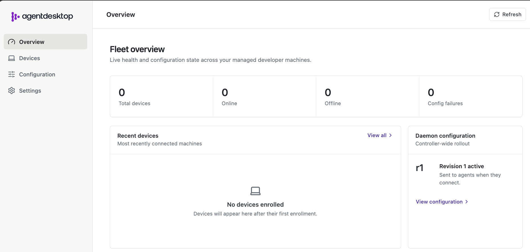 agentdesktop controller UI with an empty fleet