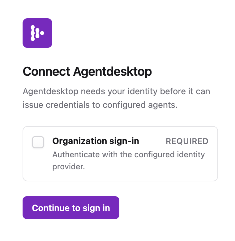 Connect Agentdesktop page with required Organization sign-in and a Continue to sign in button.