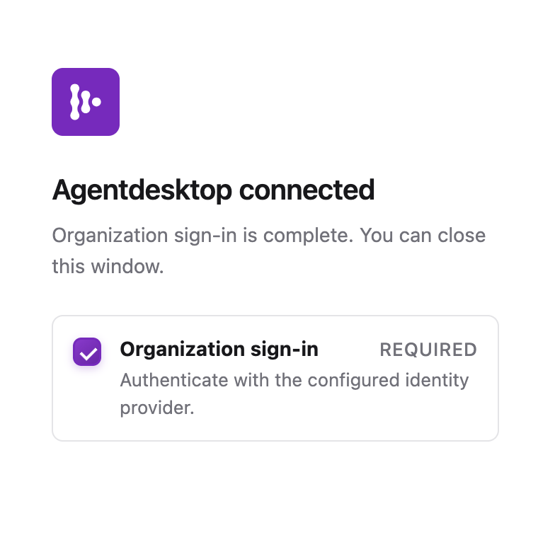 Agentdesktop connected page with Organization sign-in complete.