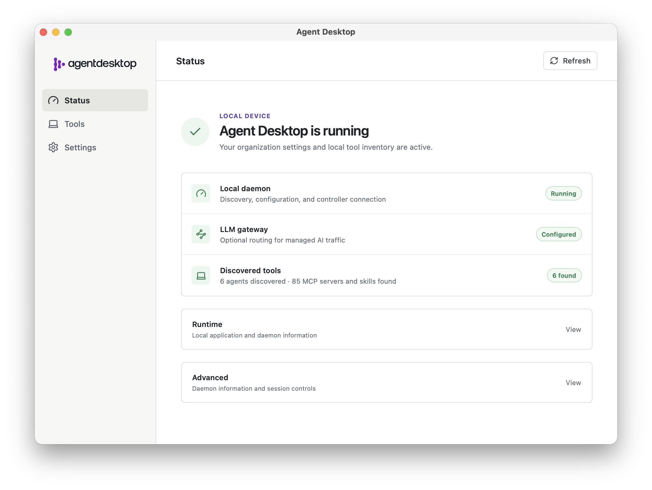 Agent Desktop Status page showing a running local daemon, a configured LLM gateway, and discovered tools.