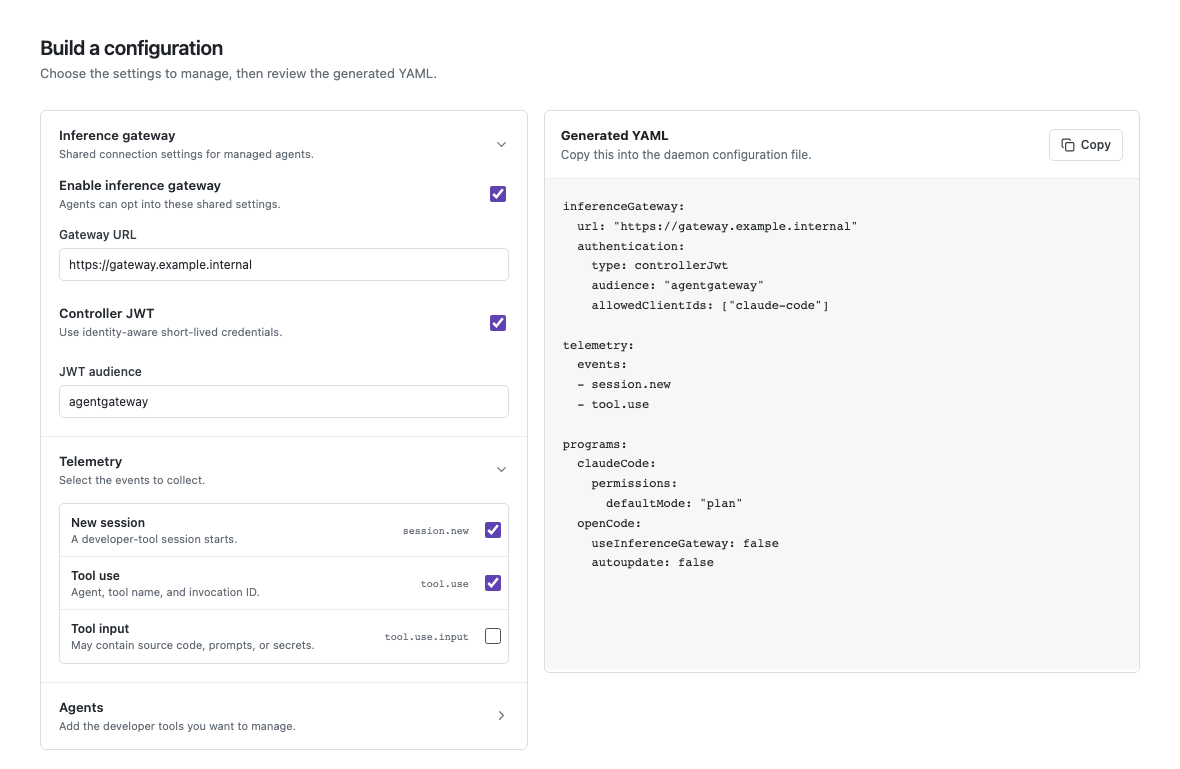 agentdesktop controller configuration builder with inference gateway and telemetry controls beside the generated daemon YAML.