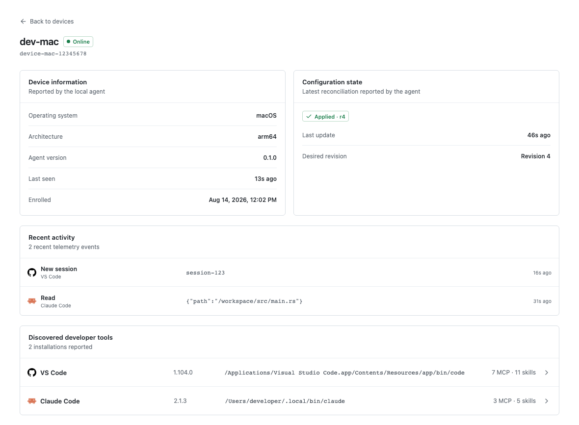 Device details with the applied configuration revision, recent activity, and discovered tools.