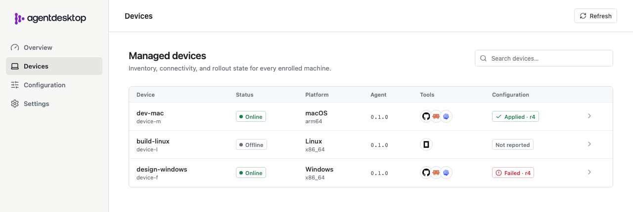Controller Devices page with connection status, discovered tools, and configuration results.